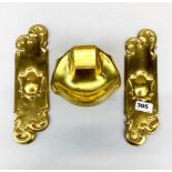 A pair of Art Nouveau brass door plates, H. 28cm, with an Art Nouveau bronze inkwell stamped