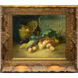 A large gilt framed oil on canvas depicting still life fruit, frame size 76 x 86cm.
