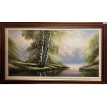 David James (British): A framed oil on canvas depicting a river scene, frame size 107 x 67cm.