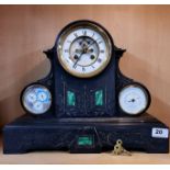 A 19th century French slate mantel clock with barometer and calendar, inset with malachite, 40 x