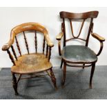 A Victorian turned oak hall chair together with a further oak hall chair, tallest H. 93cm.