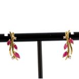 A pair of 9ct yellow gold earrings set with marquise cut rubies and diamonds, L. 2cm.