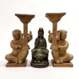 A Chinese bronze figure of the seated goddess Guanyin, H. 19cm, together with a pair of terracotta