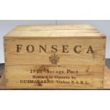 An unopened case of 12 bottles of 1977 Fonseca vintage port.