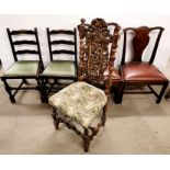 A 19th C carved oak hall chair with a pair of Georgian dining chairs and two others.