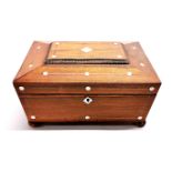 A Regency mahogany veneered ladies workbox inlaid with mother of pearl, 30 x 23 x 16cm.
