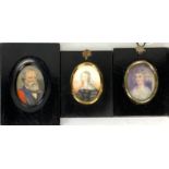 Two Georgian style hand painted miniatures of ladies and a framed printed miniature of a bearded