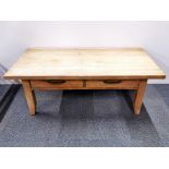 A heavy quality oak coffee table, 120 x 60 x 45cm.