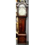 A 19th C flame mahogany and inlaid longcase grandfather clock with handpainted dial, H. 205 W.