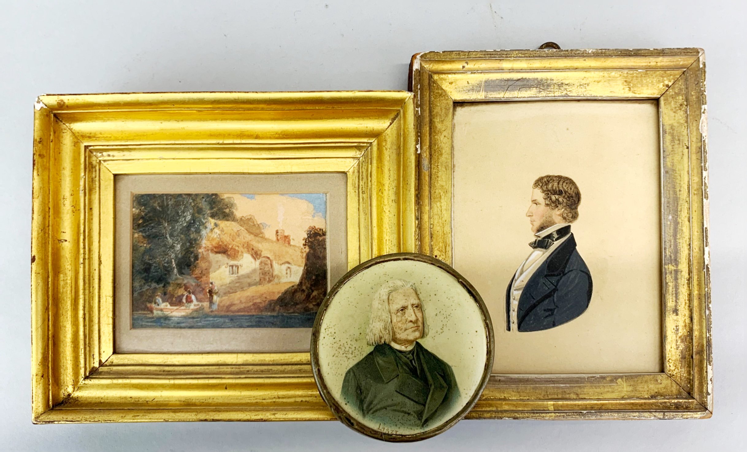 A small gilt framed 19th century watercolour, frame size 21 x 17cm. Together with a framed