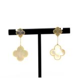 A pair of 18ct yellow gold (stamped 18k) drop earrings set with mother of pearl, L. 3.1cm.