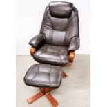 An upholstered reclining armchair and footstool.