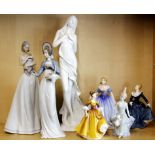 A group of six porcelain lady figures, including Lladro (slightly A/F) Nao and Royal Doulton,