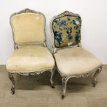 A pair of French upholstered dining chairs on castors, matching but with different upholstery, H.