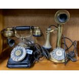 Two vintage telephones, stick telephone with damaged mouthpiece.