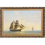A gilt framed oil on board of sailing ships, frame size 68 x 47cm, initialled A.G.
