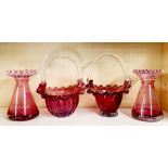 Four cranberry glass items, vase H. 17.5cm, basket H. 26cm.