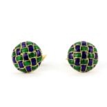 A heavy pair of 18ct yellow gold (stamped 18K) and enamelled cufflinks, L. 3cm.