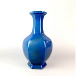 A Chinese hexagonal blue glazed porcelain vase, H. 37cm.