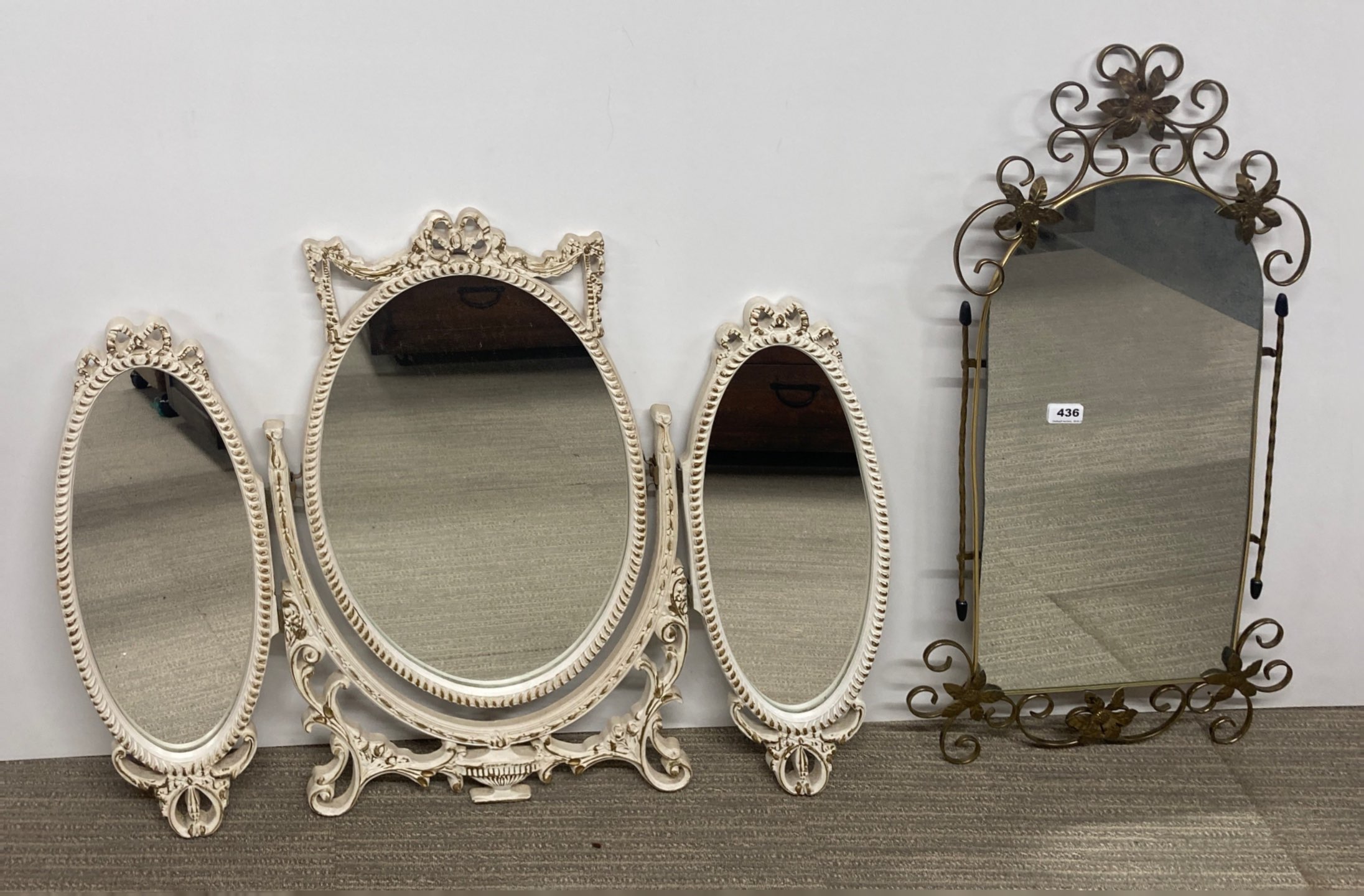 A three way dressing mirror and a 1970's gilt framed mirror, largest 80cm.