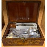 A 19th century marquetry veneered box and cutlery contents, box size 29 x 20 x 10cm.