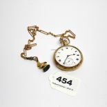 A gents 9ct gold pocket watch and Albert chain. Appears to be in working order but untested.