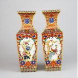 A pair of Japanese Kutani style square vases H. 36cm.