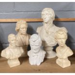 A group of chalk and resin busts, largest H. 30cm.