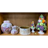 Two Mason's lusterware items, with two porcelain fruit centrepieces (slightly A/F), tallest H.