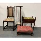 An inlaid oak, embroidery topped piano stool with one bar detached together with an oak and cane