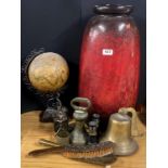 A large West German pottery vase, together with a brass ships bell and other items.