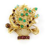 A heavy 14ct yellow gold (stamped 14K) basket brooch set with cabochon and round cut garnets,