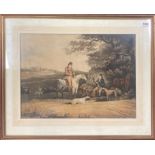 An 18th century framed, coloured engraving of an estate scene with a stately home in the background,