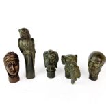 A group of five bronze walking stick handles, parrot H. 13cm.