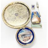 A silver plated tray with five Titanic collector's plates and other items.