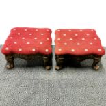 A pair of cast iron and upholstered footstools, 35 x 35 x 18cm.