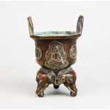A Tibetan copperbronze censer relief decorated with seated buddhas, H. 13cm, Dia. 10.5cm.