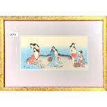 A gilt framed Japanese woodblock print of women bathing, frame size 49 x 35cm.