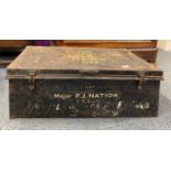 A military tin trunk for Major P J Nation, 78 x 39 x 28cm.