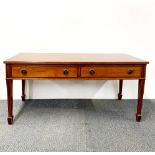 An inlaid and cross banded mahogany two drawer coffee table with plate glass top, 106 x 46 x 50cm.