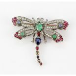 A rose and white metal dragonfly shaped brooch set with diamonds, rubies, emeralds, tanzanites and a