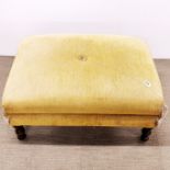 An upholstered button footstool with turned wooden feet, 90 x 63 x 46cm. Fabric A/F.