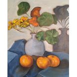 Ken Anne Jennings, "Still life with oranges", oil on linen, 40 x 40cm, framed 42 x 42cm, c. 2023. UK