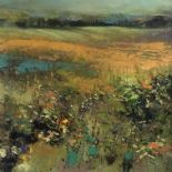 Vivian Riches, "Maize Field", oil and cold wax, 60 x 60cm, framed 71 x 71cm, c. 2022. This