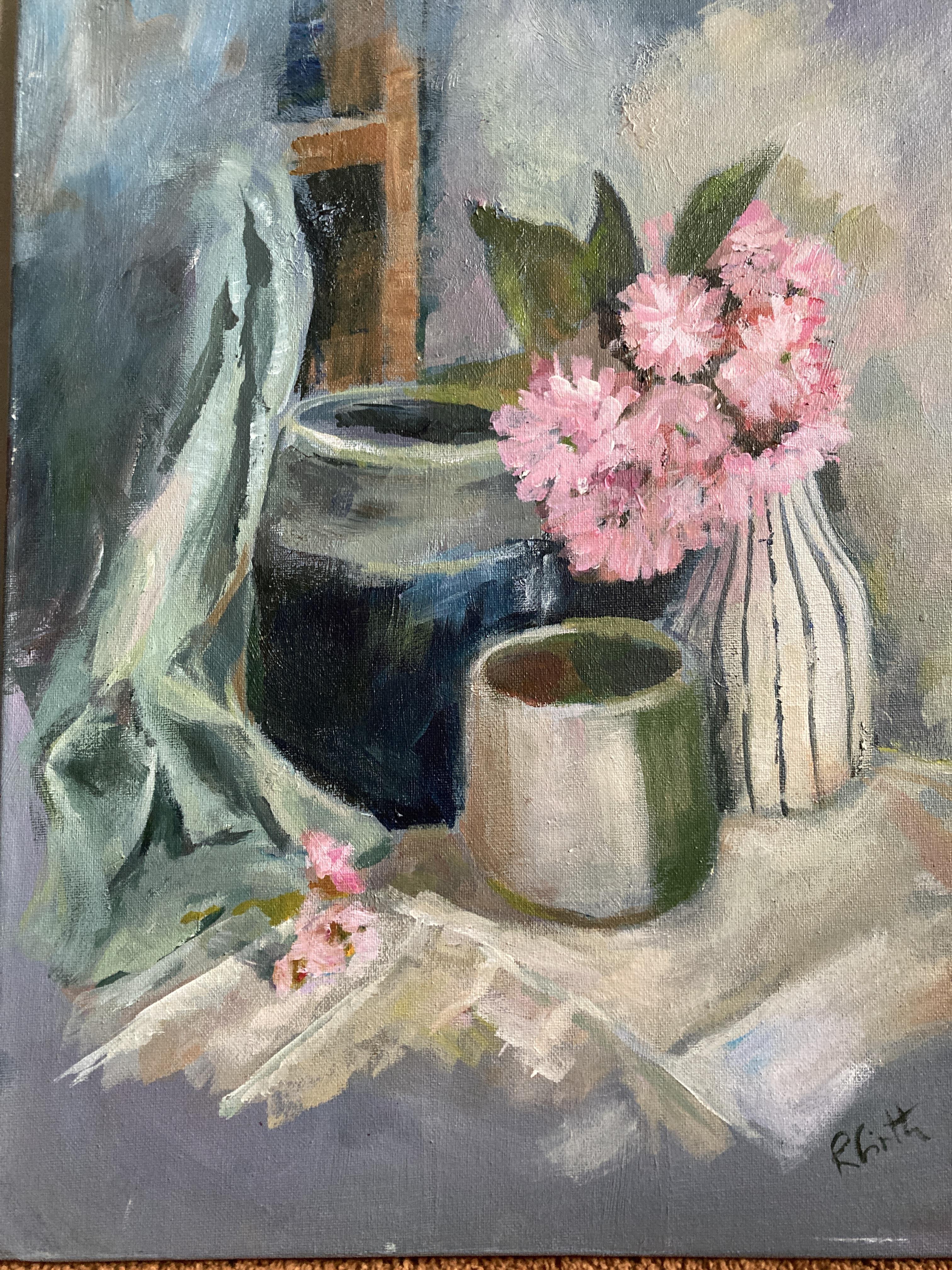 Rosemary Firth, "Still life with pink flowers", acrylic, 60 x 40cm, c. 2021. UK shipping £35.
