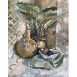 Rosemary Firth, "Still life with kiwis and plum", acrylic with tissue paper, 60 x 45cm, c. 2023.