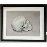 Lloyd Lewis, "Skull", drawing, charcoal and chalk, framed 34 x 42cm, c. 2022. This is a drawing from