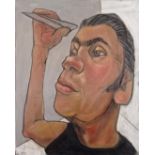 Joe Borrow, "Paperplane", oil on canvas, 50 x 40cm, c. 2023. A self portrait, throwing ideas into