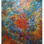 Mel Burridge, "Big Bang", oil paint on board, framed 130 x 122cm, c. 2021. Abstract capturing my joy