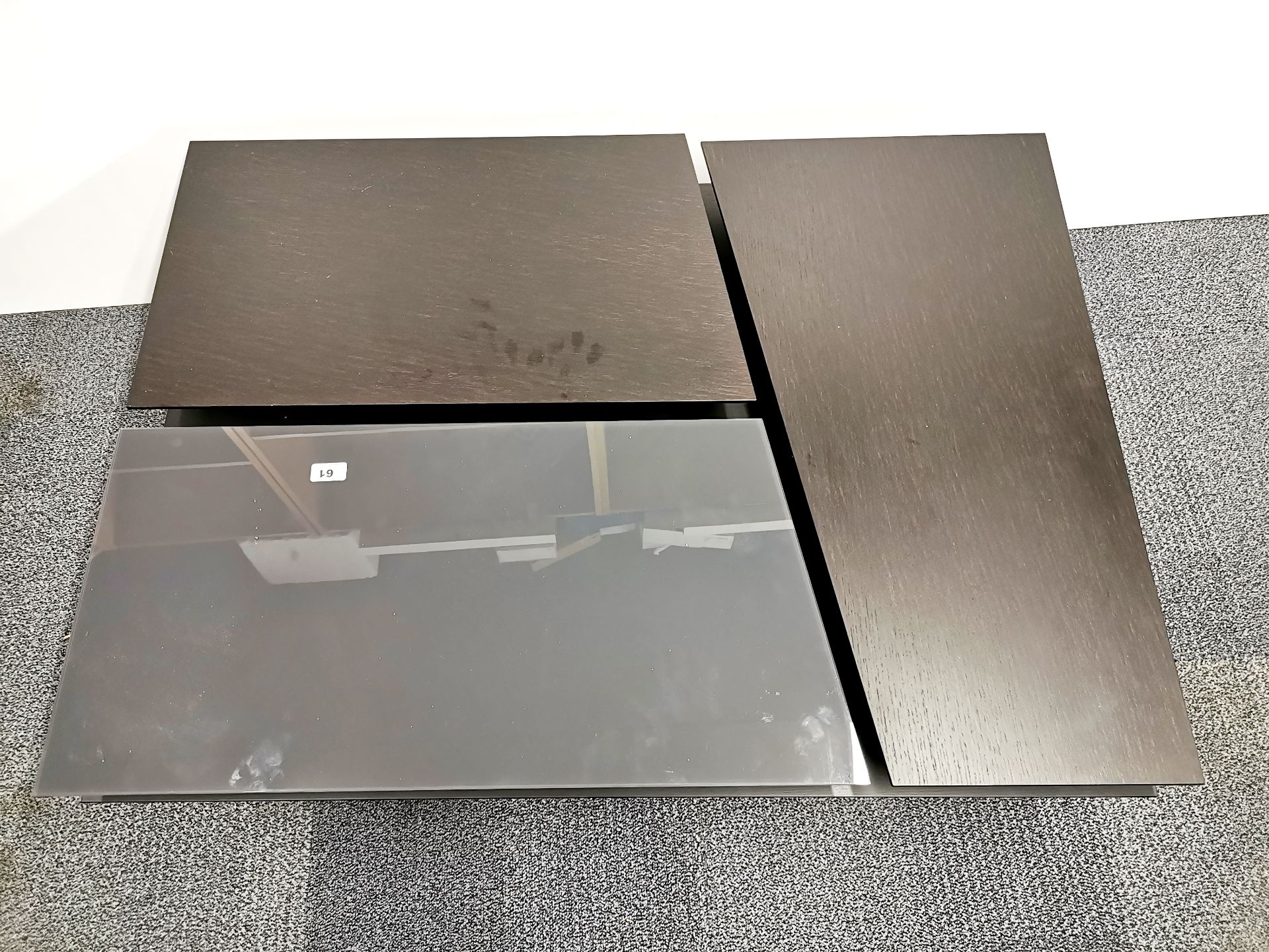 An unusual contemporary designer coffee table in dark cherry and glass with three sections, two - Image 3 of 6